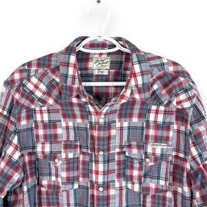 Lucky Brand‎ Western Patch Shirt Mens L Gray Red Pearl Snap Cotton Long Sleeve